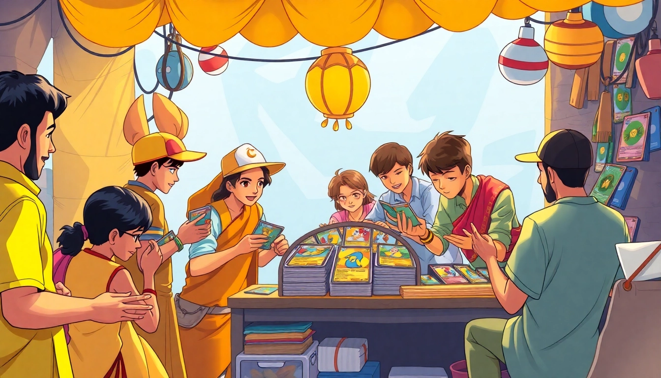 Explore the vibrant Pokémon TCG India trading scene in an Indian market filled with collectible cards.